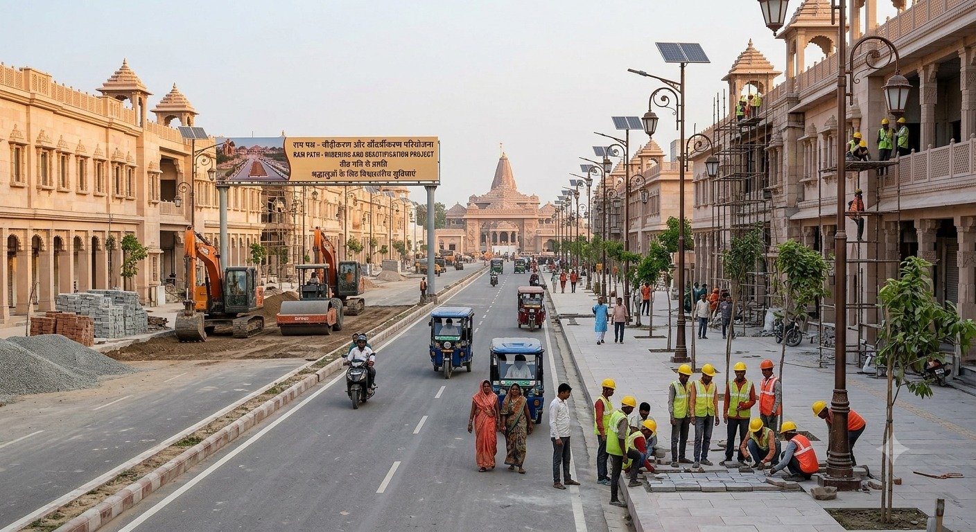 विकास और सौंदर्यीकरण कार्य: अयोध्या में चल रहे कॉरिडोर प्रोजेक्ट्स, चौड़ीकरण और श्रद्धालुओं की सुविधाओं से जुड़े निर्माण कार्य तेजी से आगे बढ़ाए जा रहे हैं।